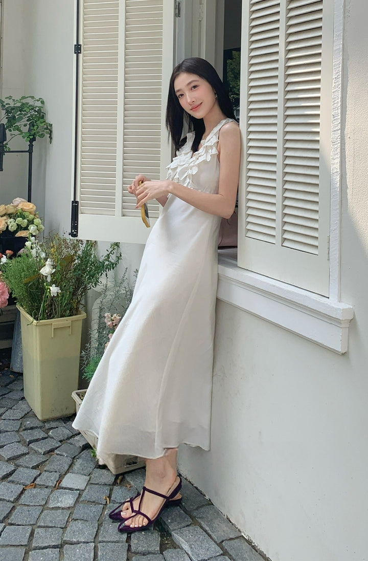【dress】ノースリーブVネックギャザーフリルワンピース Q8678