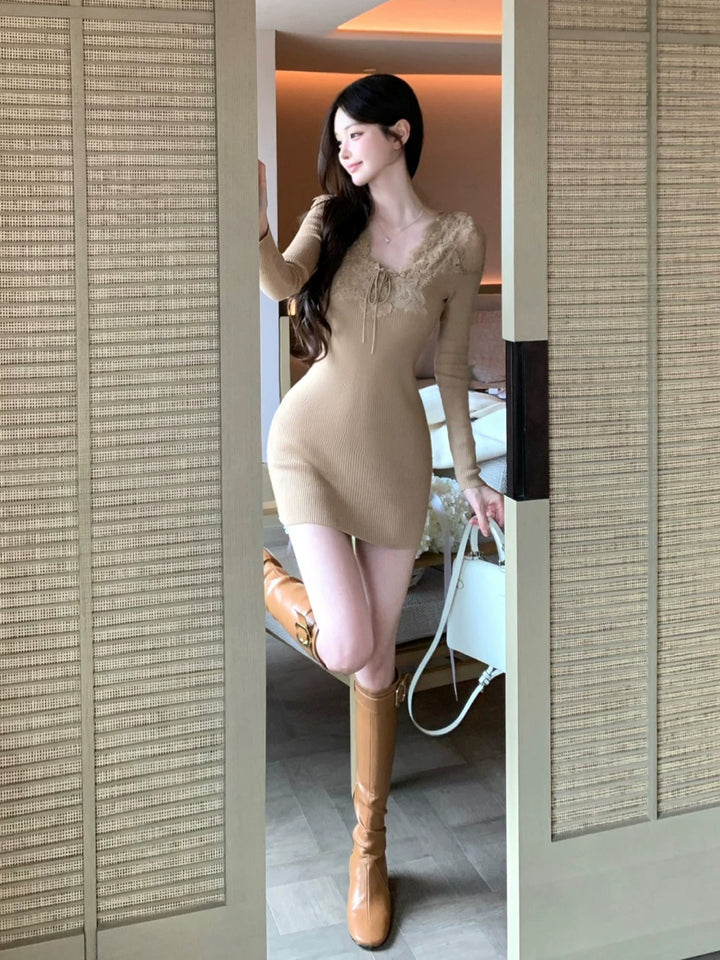 【dress】レースドッキングニットワンピース Q9233