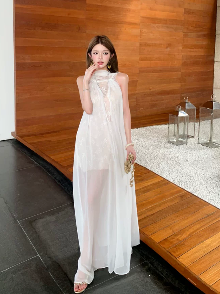 【dress】レースドッキングシアーチュールロングワンピース Q8585