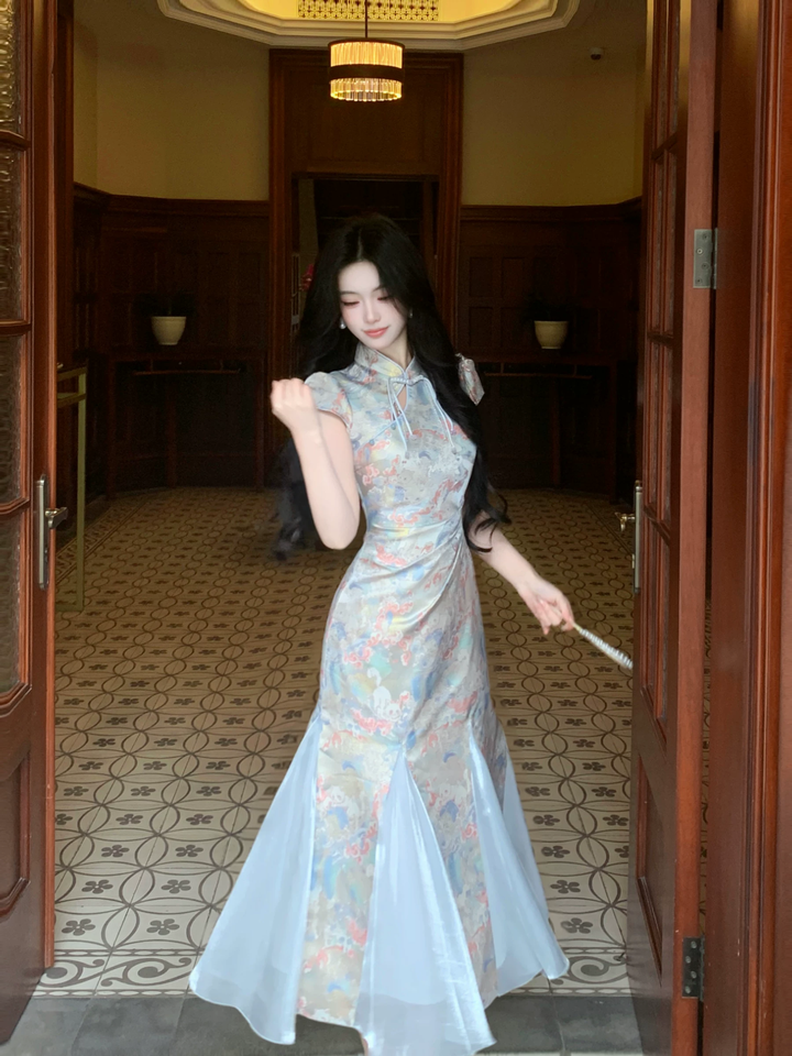 【dress】半袖サテンドッキングロングワンピース Q8542