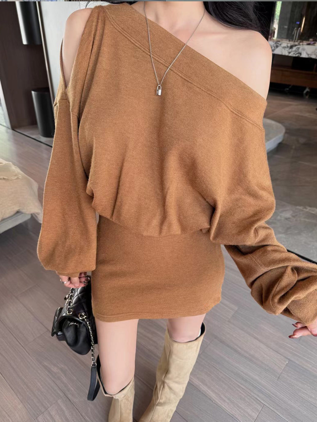 【dress】オフショルダーニットワンピース Q9198