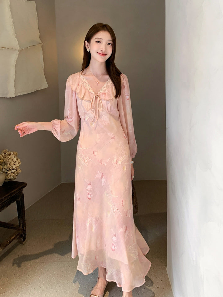 【dress】フラワー柄レースドッキングロングワンピース Q8998