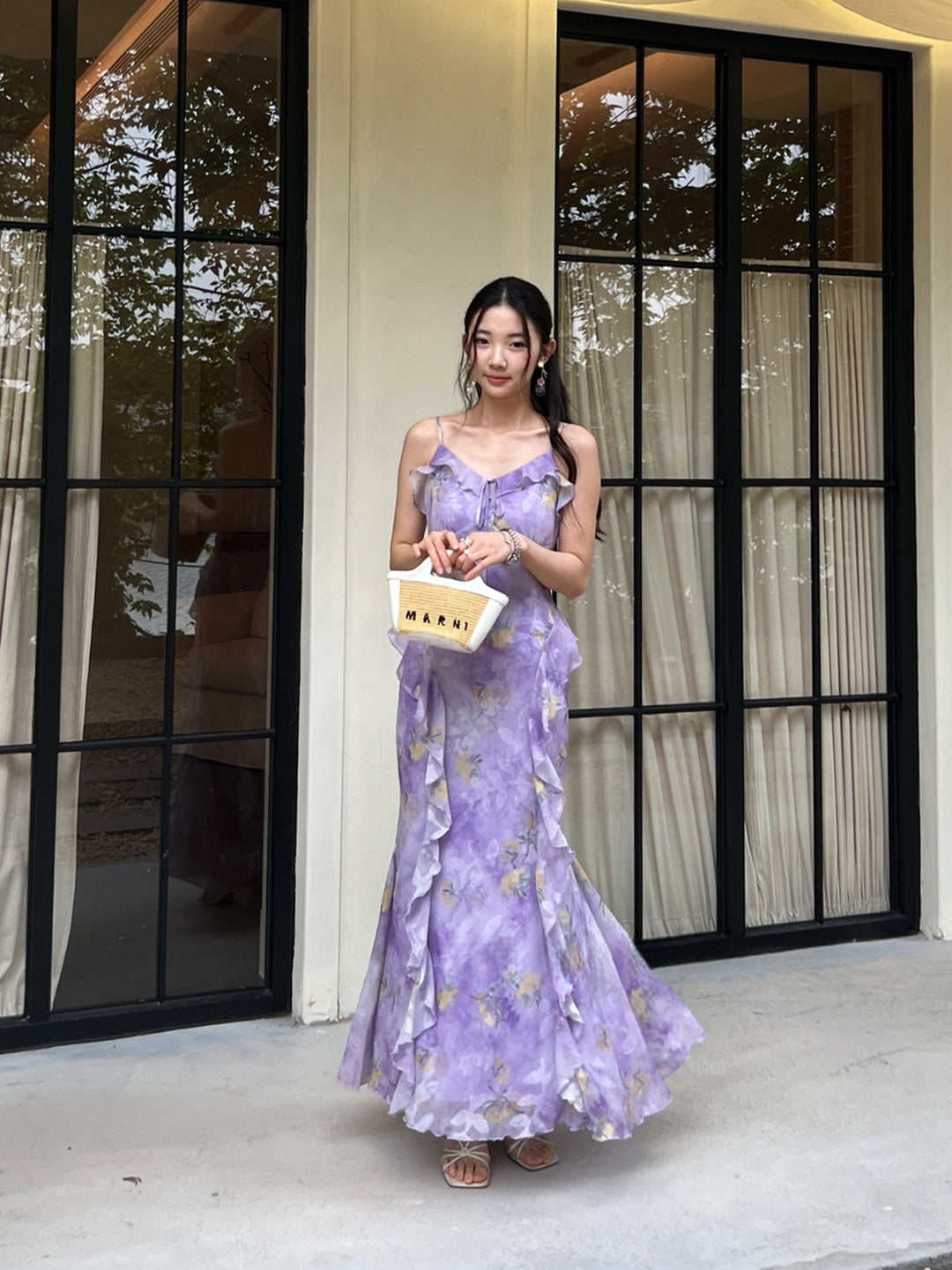 【dress】フラワー柄ギャザーフリルロングキャミワンピース Q8668
