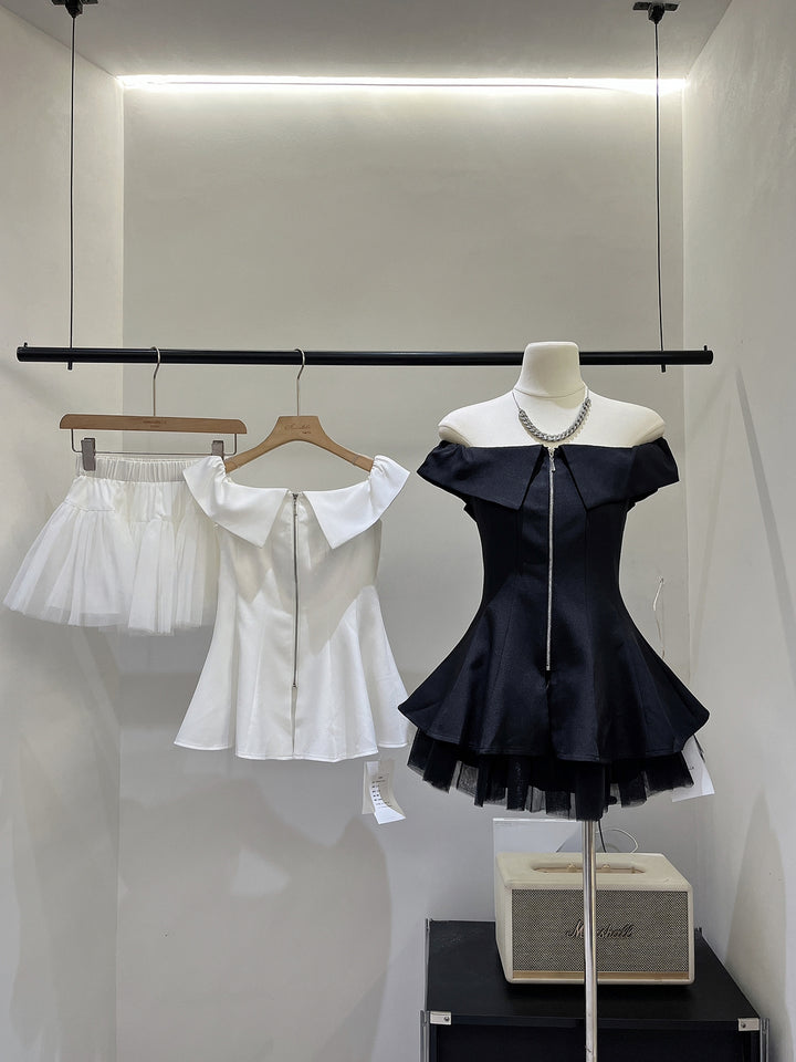 【set】オフショルダートップス×チュールミニスカートセット Q8676
