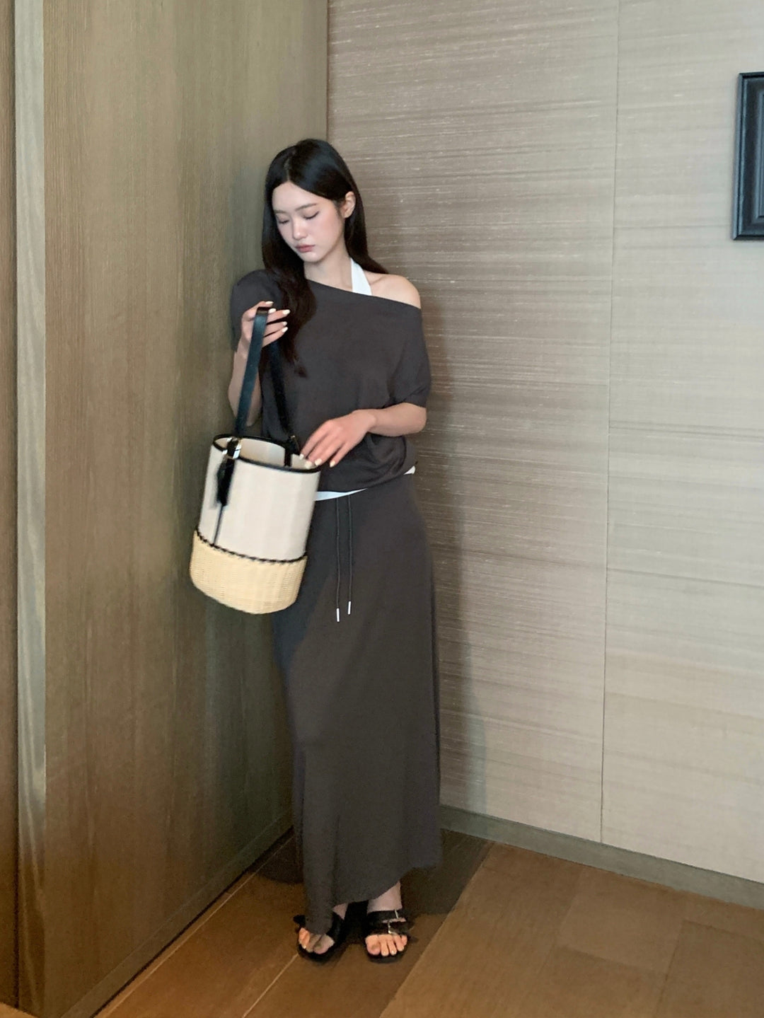 【set】ホルターネックフェイクレイヤードトップス×ロングスカートセット Q8653
