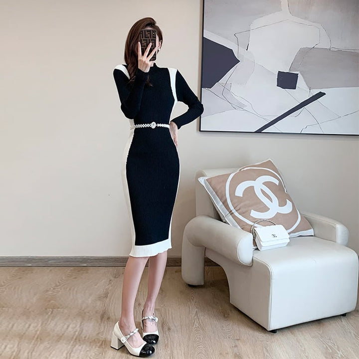 【dress】配色切り替えニットワンピースベルト付き　M17676