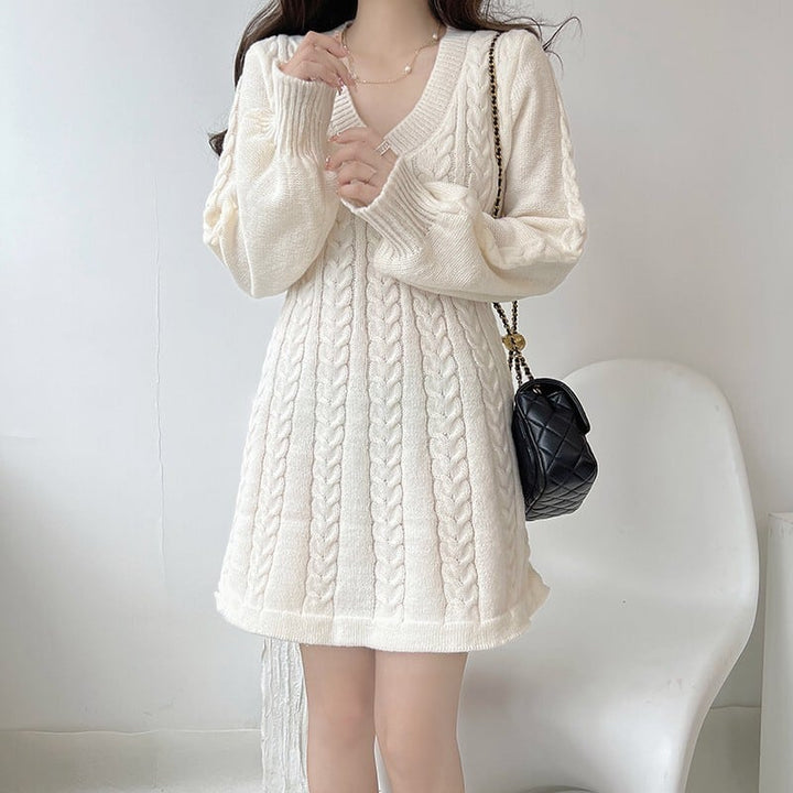 【dress】Vネック無地ニットワンピース　M17948