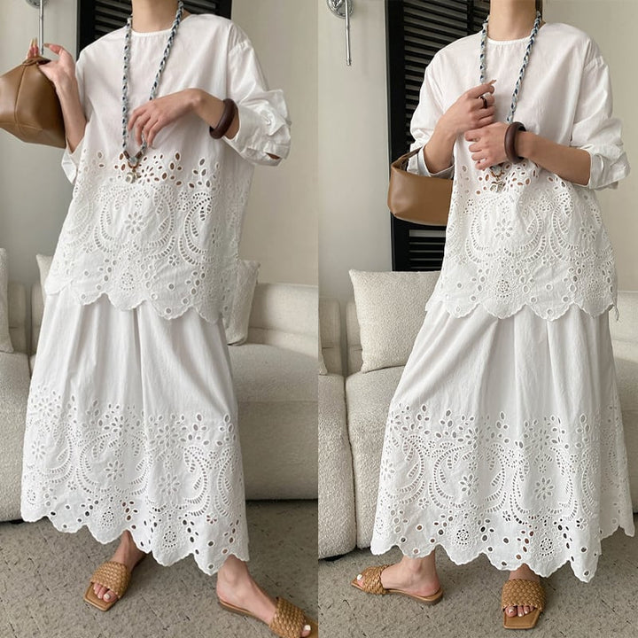 【set】アイレットレーストップス×ロングスカートセット Q8399