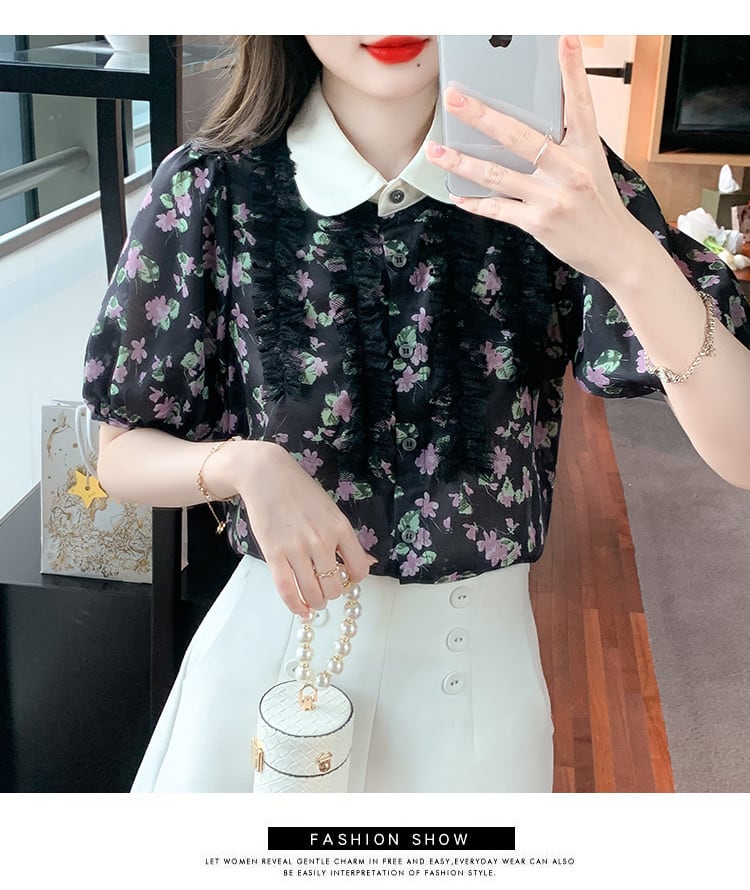 【tops】美人度アップスウィート折り襟花柄シャツトップス　M16883