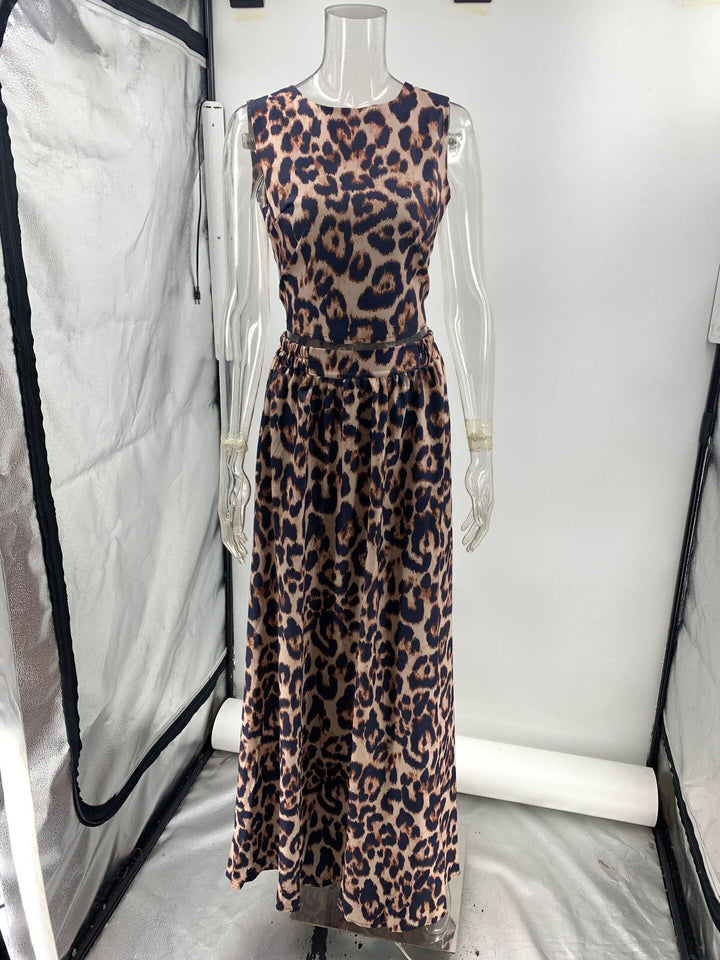【set】ヒョウ柄バックレストップス×スカートセット　M29741