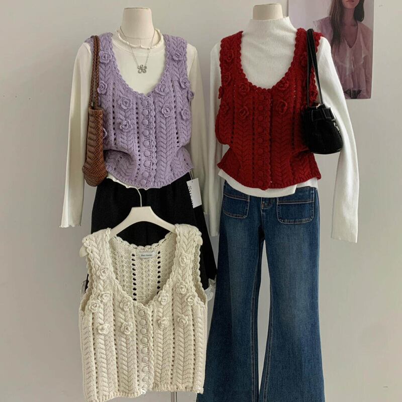 【tops】立体フラワーニットベスト Q8080
