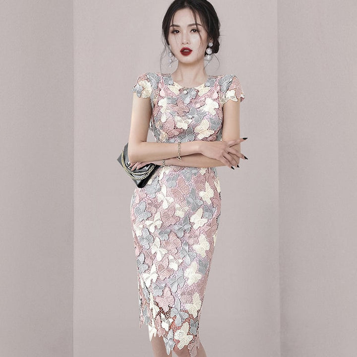 【dress】ノースリーブレース蝶柄ワンピース Q8426