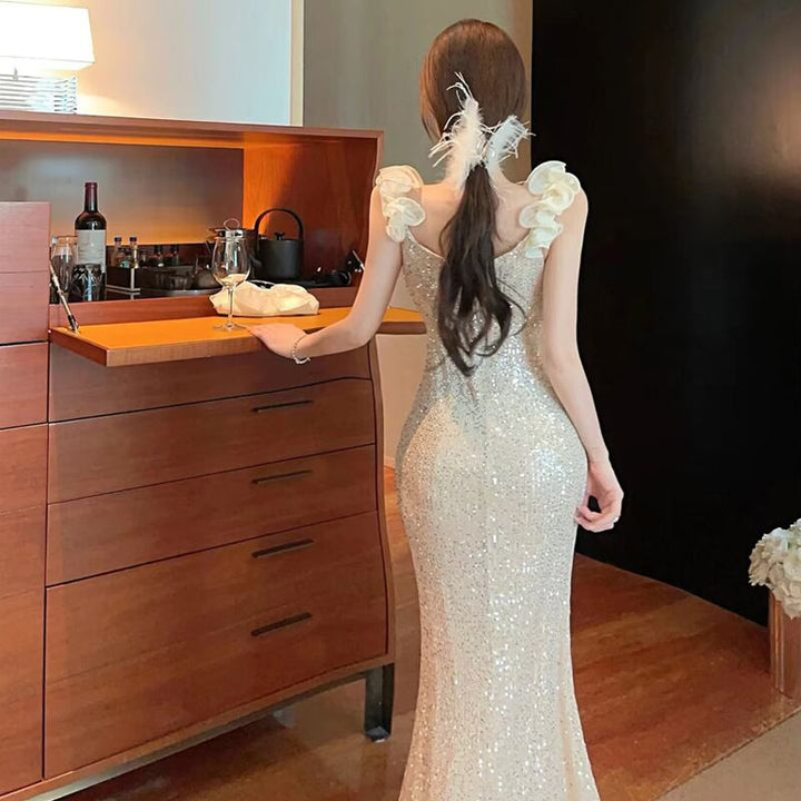 【dress】スパンコール付きオフショルダーロングワンピース Q8041