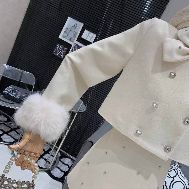 【set】袖ファーリボンジャケット×ビジュー付きスカートセット　N2924