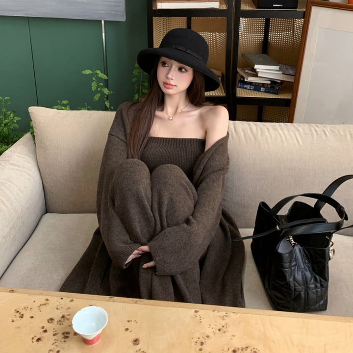 【set】ロング丈カーディガン×ベアトップ×ワイドパンツ3点セット　N3329