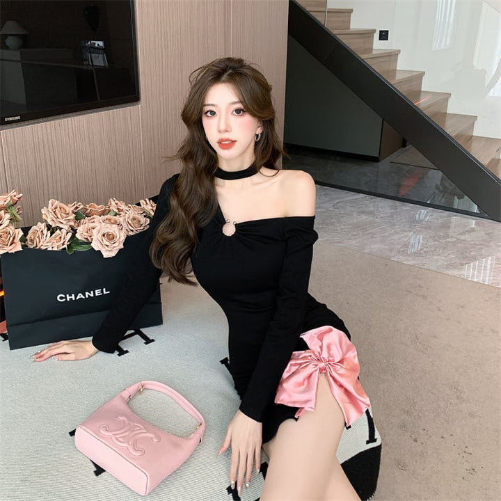 【dress】細身効果抜群♪リボン付きデートワンピース　M17538