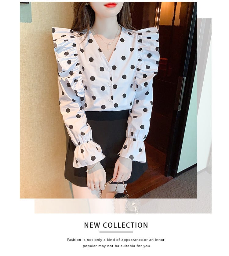 【tops】今季マストバイVネックドット柄シャツトップス　M17151