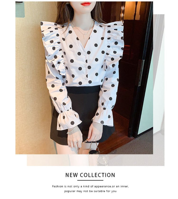 【tops】今季マストバイVネックドット柄シャツトップス　M17151