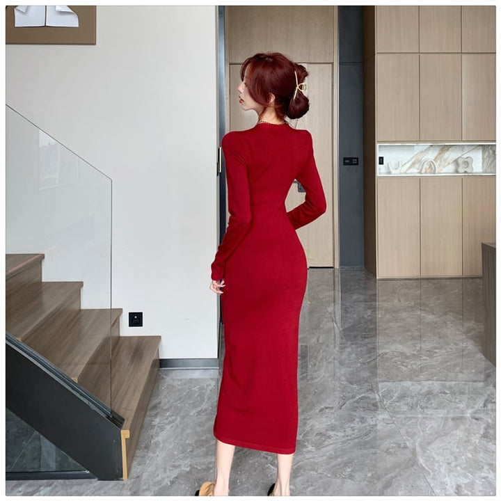 【dress】細身効果抜群♪Vネックスリットニットワンピース　M17486