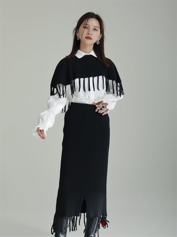 【set】主役級ファッションセットアップケープニットトップス×スカート  N1990