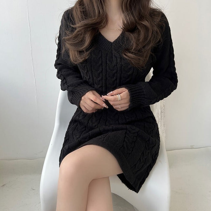 【dress】Vネック無地ニットワンピース　M17948