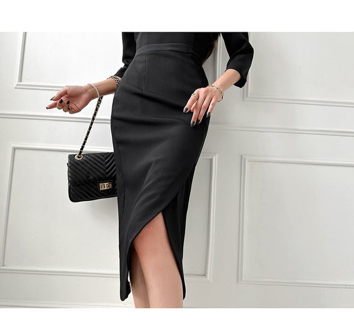 【dress】OL、通勤7分袖スリットデートワンピース　M17727