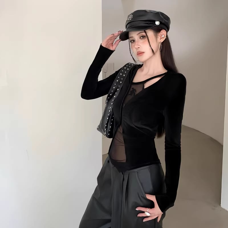【tops】フェイクレイヤードチュールドッキングベルベットトップス Q8024