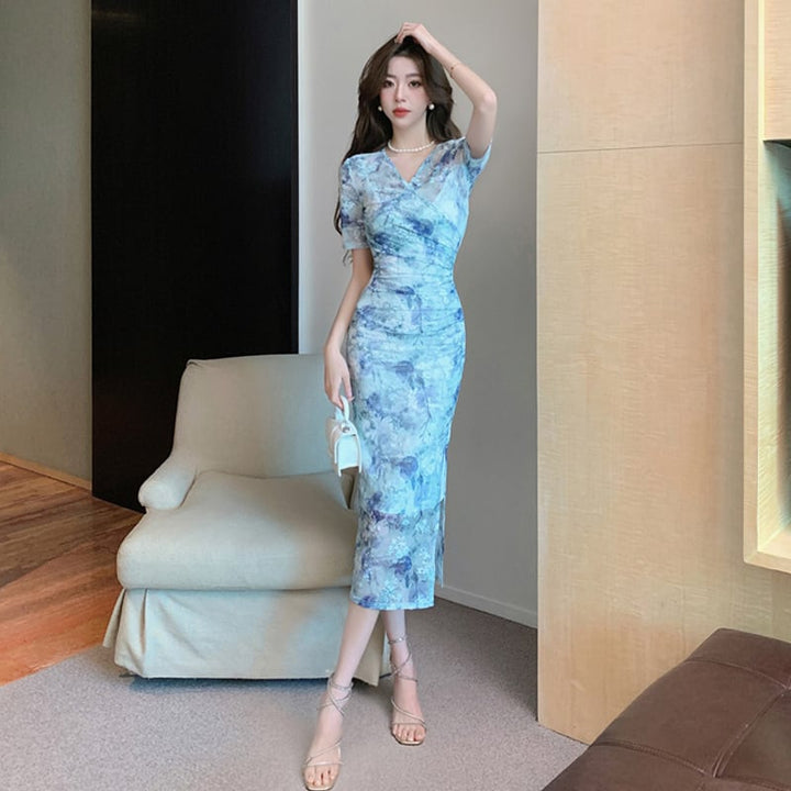 【dress】美人度アップVネックプリントワンピーススリット　M17424