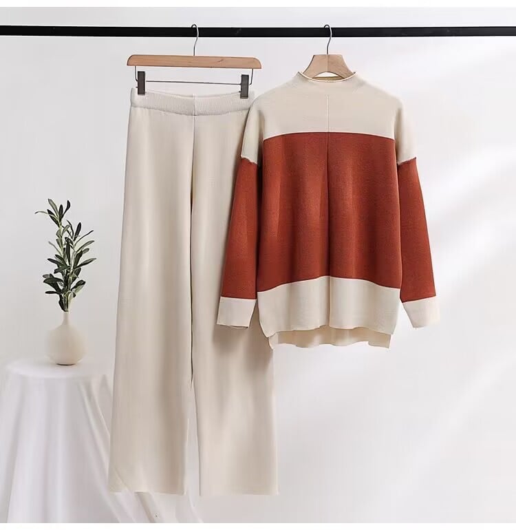【set】配色ニットトップス+ストレートパンツセット　M17709
