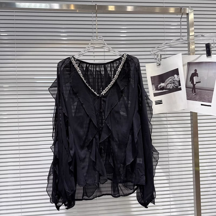 【tops】Vネックフレアシフォンシャツ Q8105