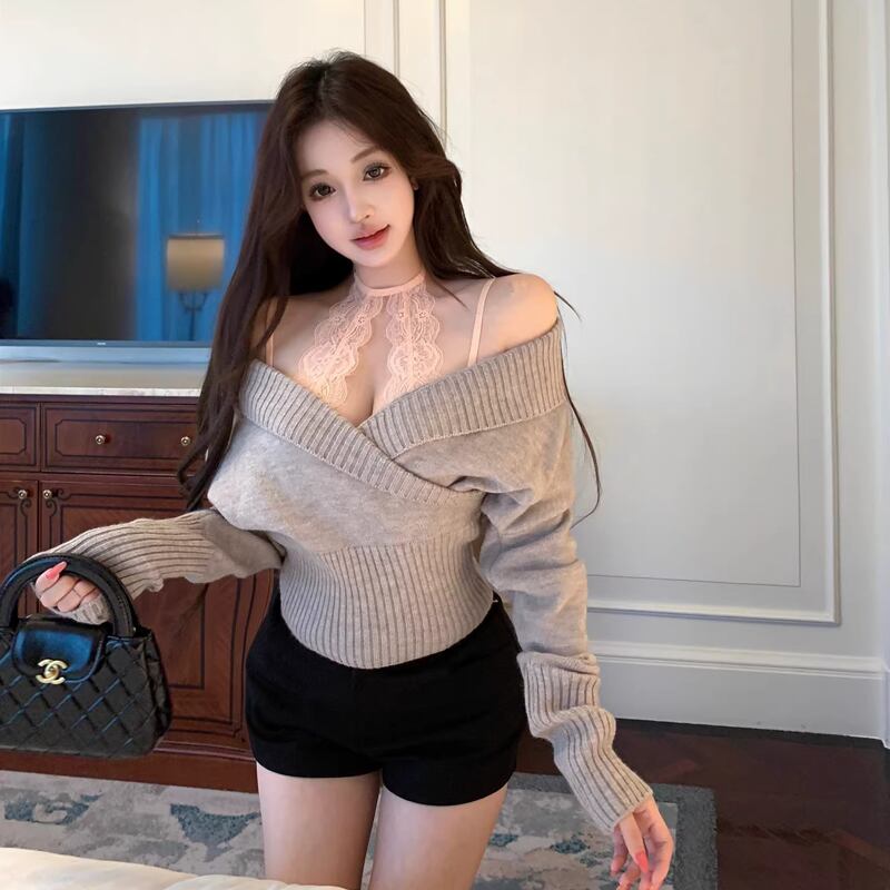 【tops】クロスネックニットトップス Q7845