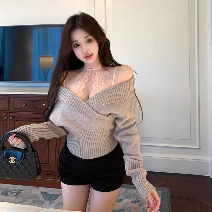 【tops】クロスネックニットトップス Q7845