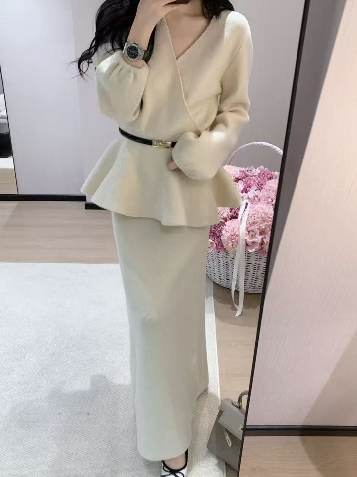 【set】クロスネックニットトップス×ロングスカートセット Q7876