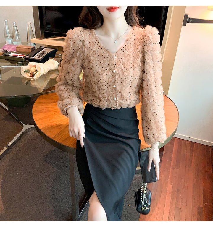 【tops】立体フラワーシャツトップス　M28607