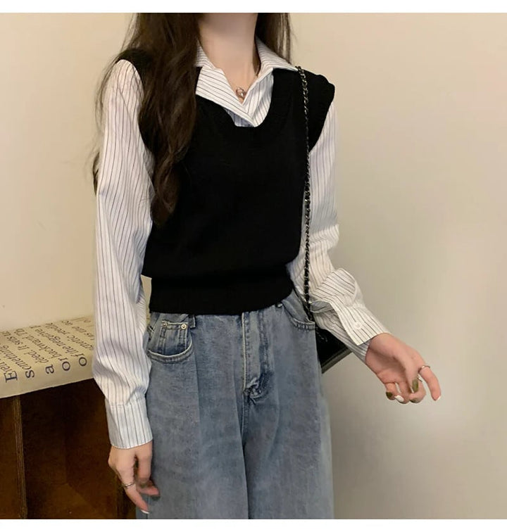 【tops】POLOネック切り替えニットトップス　N2834