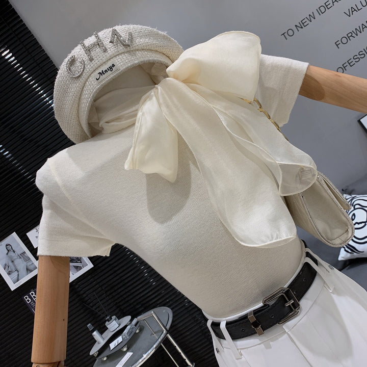 【tops】リボン付きニットTシャツ　M29886