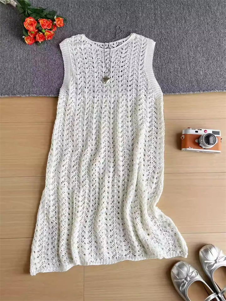 【tops】透かしロングニットベスト Q8310