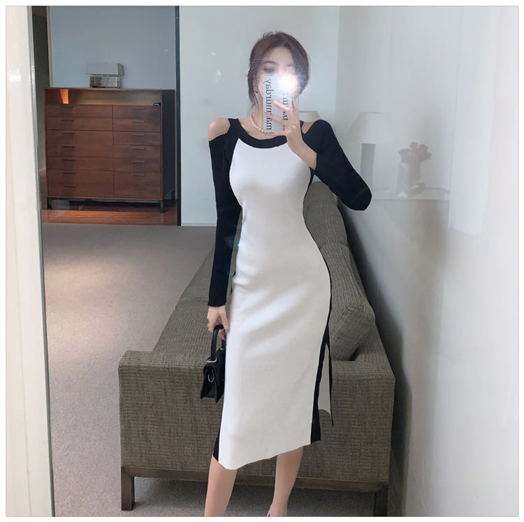 【dress】オフショルダースリットニットワンピース　M17920