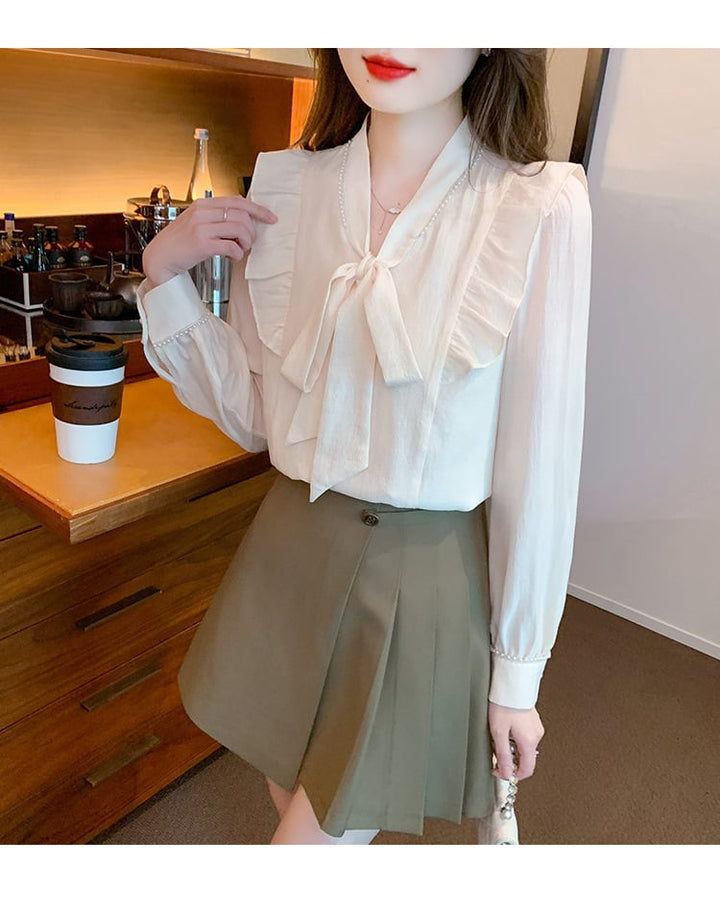 【tops】美人度アップリボン付きシャツトップス超人気　M17338