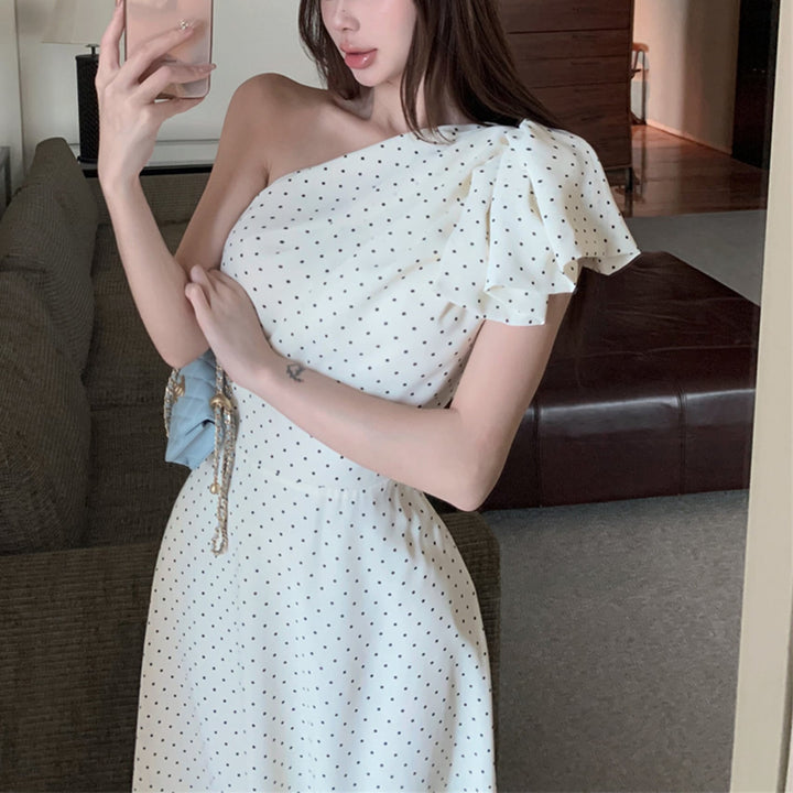 【dress】ワンショルダーリボンドット柄ワンピース　N3045