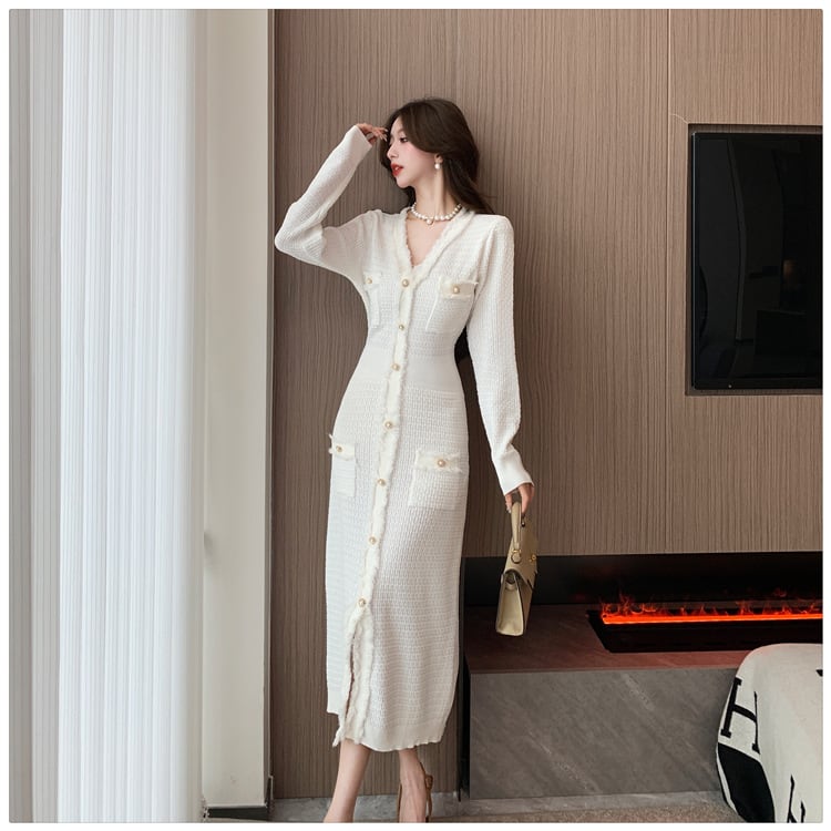 【dress】Vネックボタンデザインニットワンピース　M17919