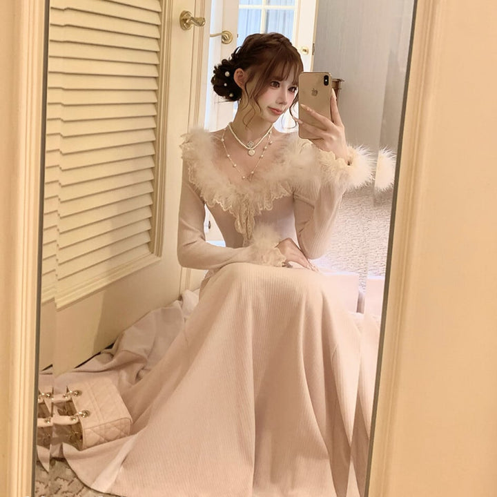 【dress】ファーレースドッキングニットワンピース　N3464