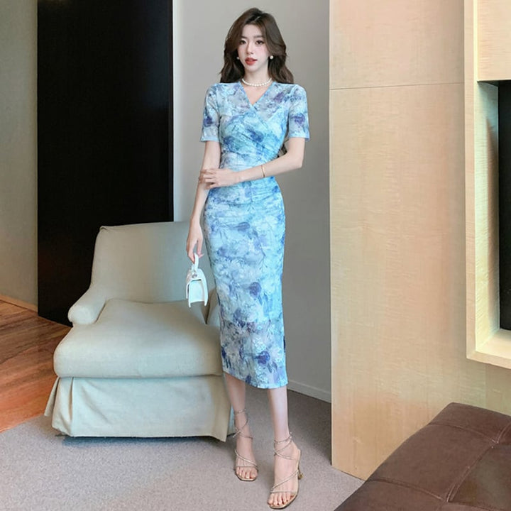 【dress】美人度アップVネックプリントワンピーススリット　M17424
