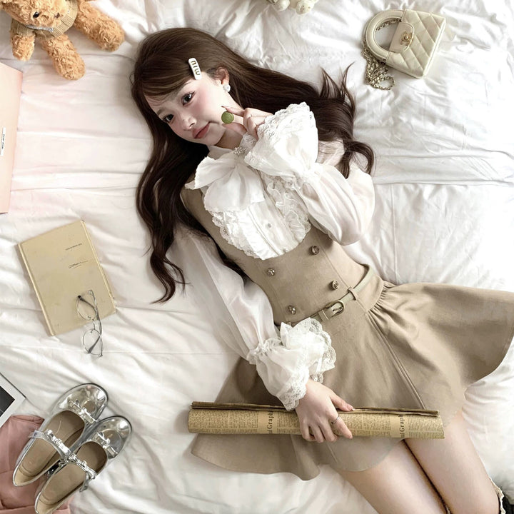 【set】フリルブラウス×サロペットスカートセット     N3295