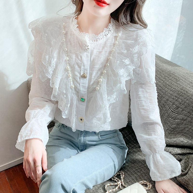 【tops】エレガントレース切り替えシャツトップス　M17378