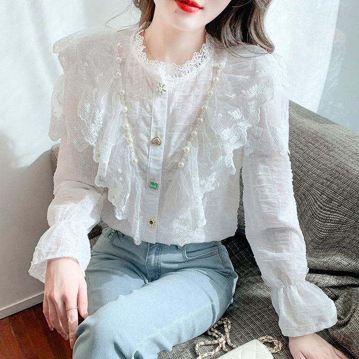 【tops】エレガントレース切り替えシャツトップス　M17378