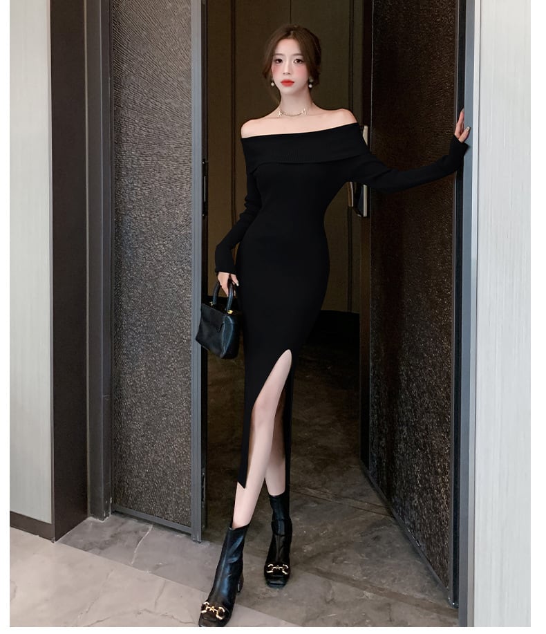 【dress】ボートネックスリットニットワンピース　M18085