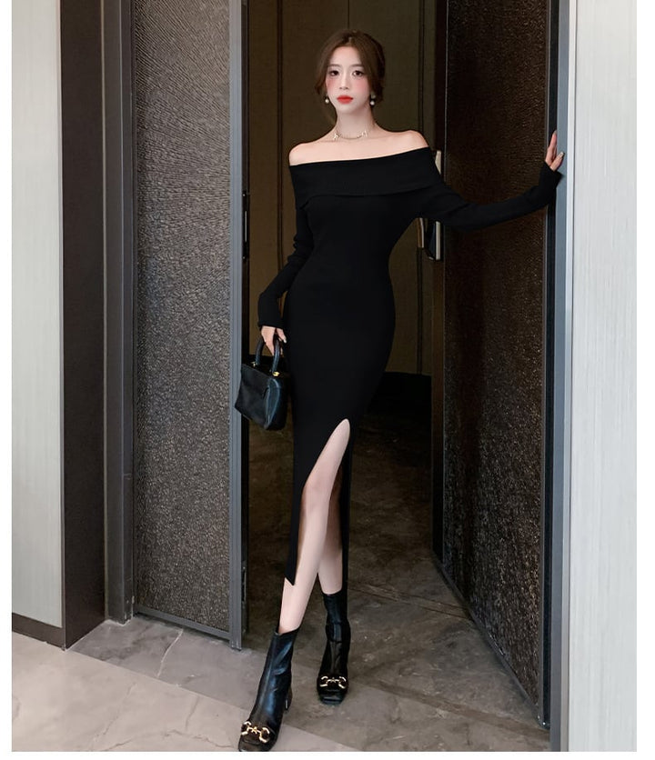 【dress】ボートネックスリットニットワンピース　M18085