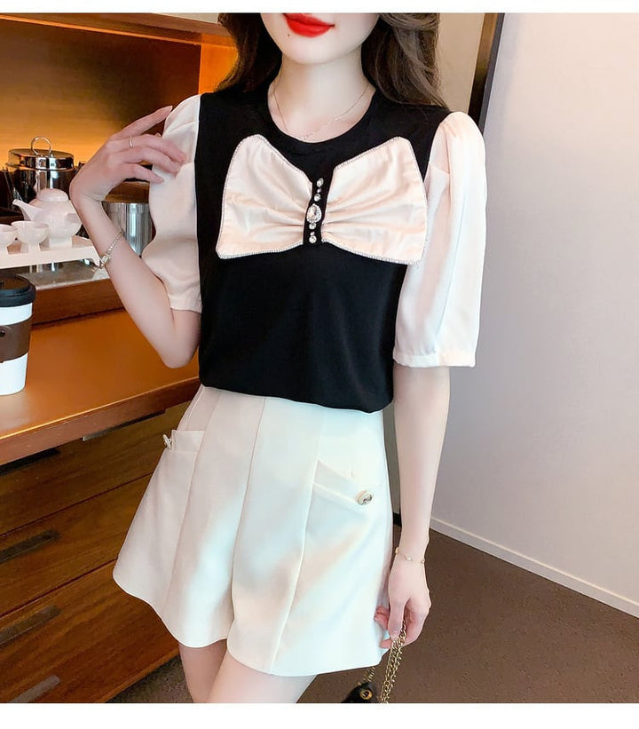 【tops】知的で品の良い♡エレガントリボン付きTシャツ　M16838