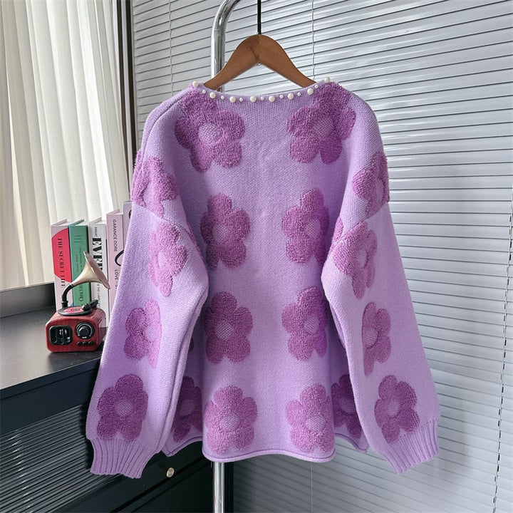 【outer】フラワーモチーフパール付きカーディガン　N2757